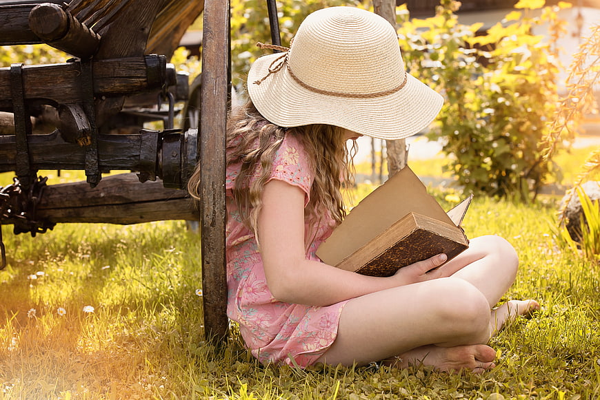 Young Girl In Straw Hat Reading Book In Sunny Meadow