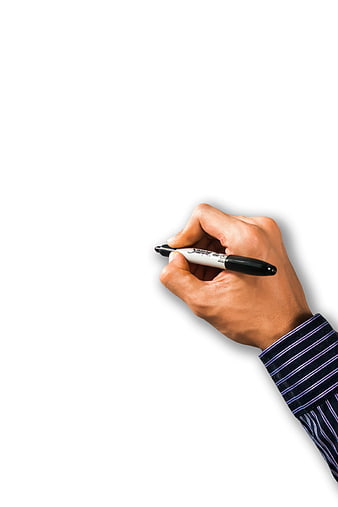 Hand holding black marker on white background