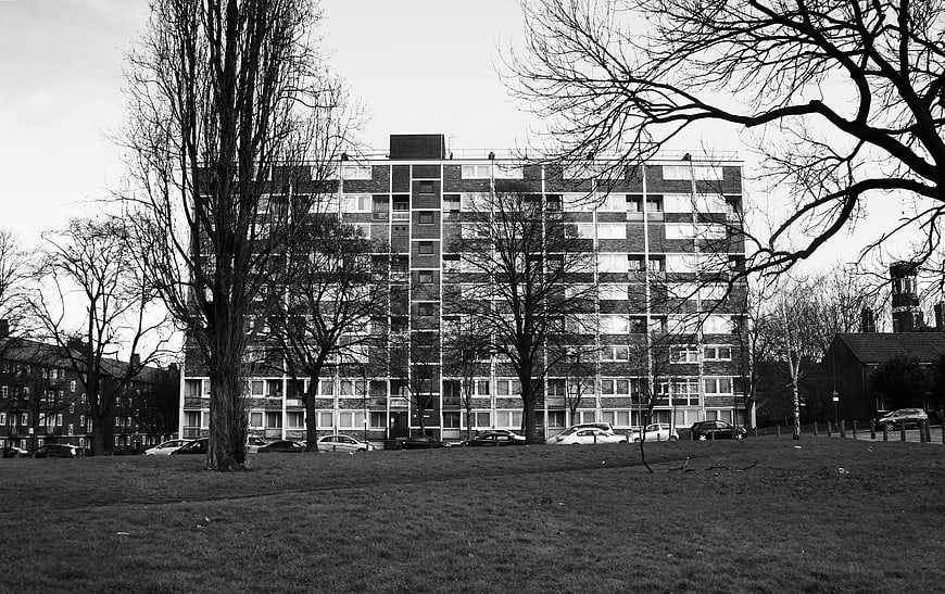 Black and white photo of brutalist council housing block
