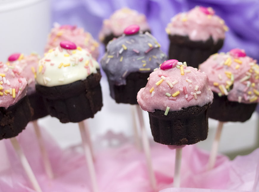 Chocolate Cupcake Pops with Pink and Purple Frosting