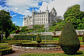 Dunrobin Castle in Scotland with Formal Gardens and Fountain