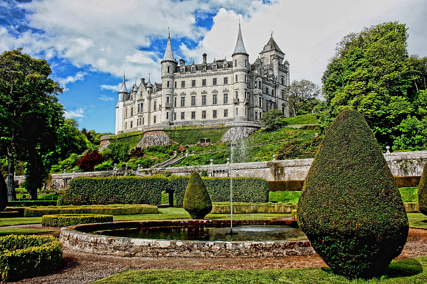 Dunrobin Castle in Scotland with Formal Gardens and Fountain