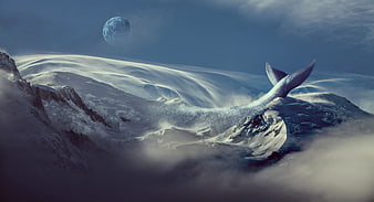 Surreal whale tail emerging from snowy mountain landscape