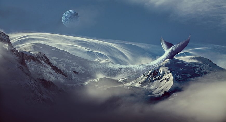 Surreal whale tail emerging from snowy mountain landscape