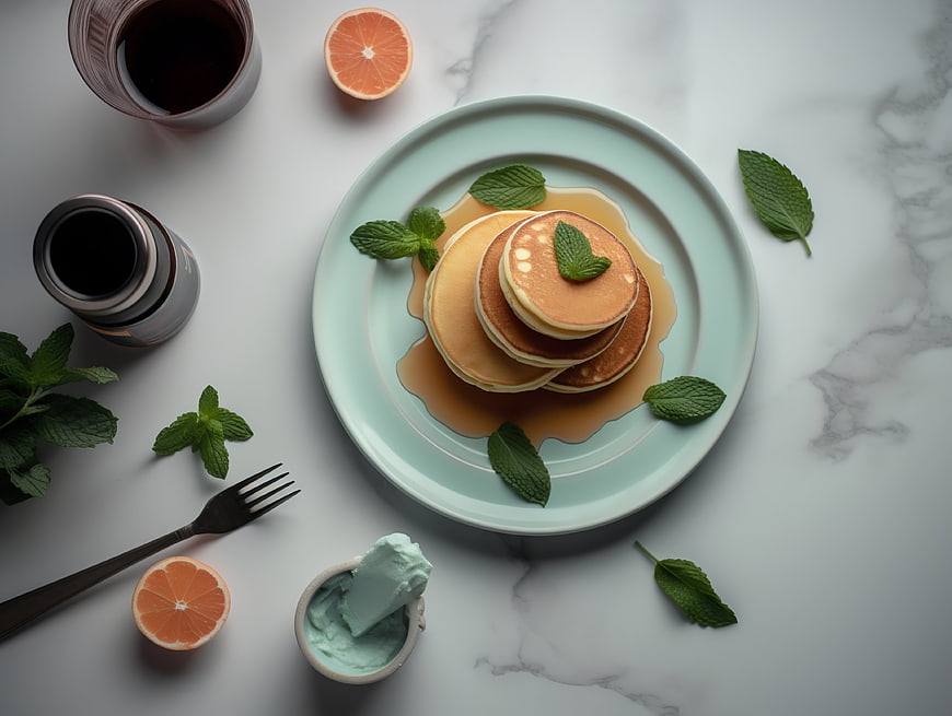 Top View of Mint Chocolate Chip Ice Cream Pancakes with Syrup