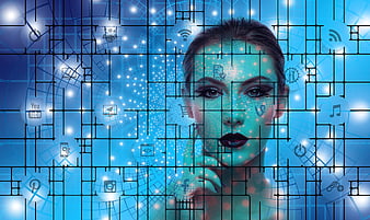 Woman Face With Digital Grid And Social Media Icons