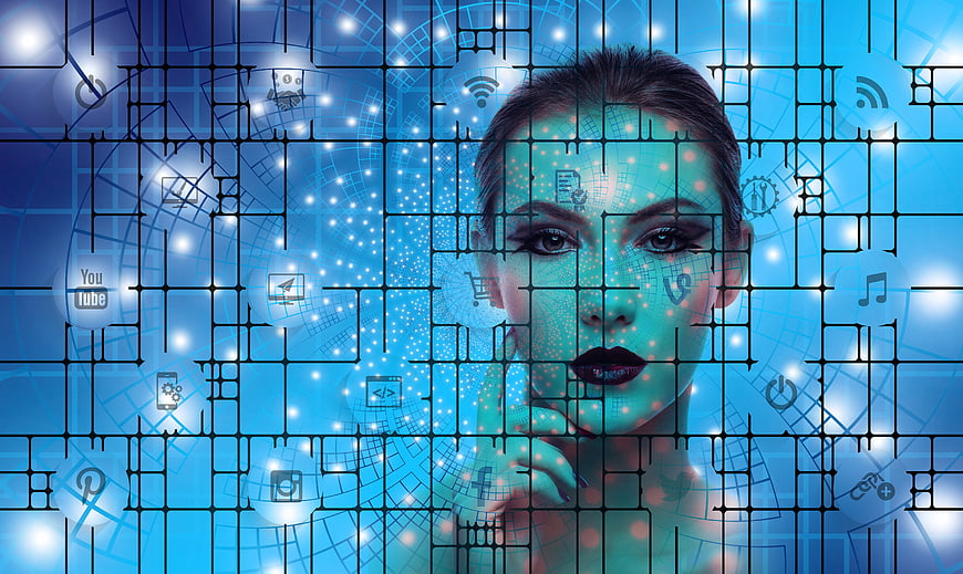 Woman Face With Digital Grid And Social Media Icons