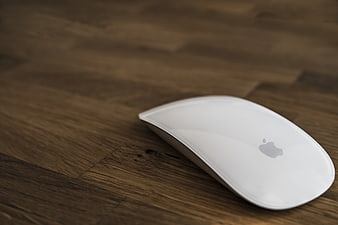 White Apple Magic Mouse on Wooden Desk Surface