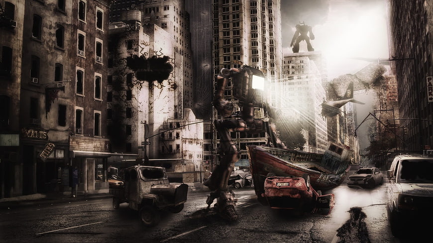 Giant Robot Destroying City Street with Wrecked Cars