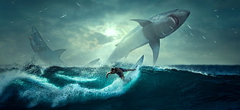 Surfer riding wave with giant sharks leaping from ocean