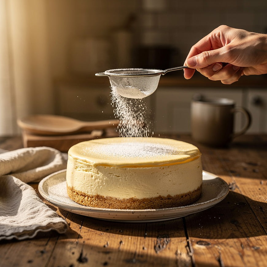 Hand Sifting Powdered Sugar onto Cheesecake