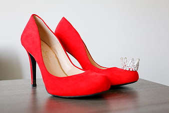 Red Suede Stiletto Heels with Crystal Crown Detail
