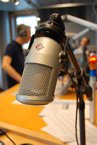 Close-up of professional studio microphone in radio station