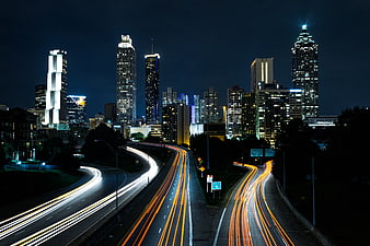 Atlanta Skyline Night with Highway Light Trails