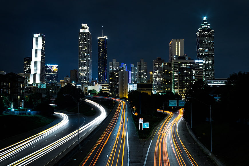 Atlanta Skyline Night with Highway Light Trails