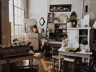 Vintage Antique Furniture Store Interior with Whitewashed Brick Walls