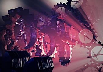 Conceptual 3D render of human figures trapped inside mechanical gears