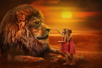 Two young girls reaching out to a giant lion at sunset