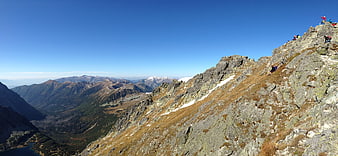 Hikers on Rocky Mountain Ridge with Panoramic Valley View