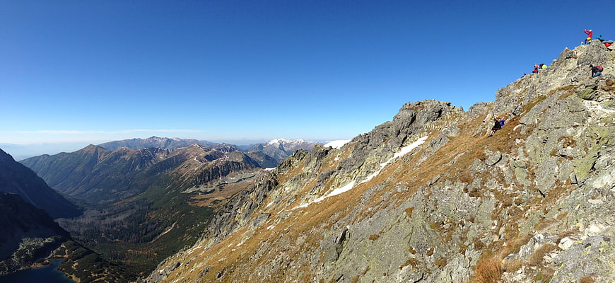 Hikers on Rocky Mountain Ridge with Panoramic Valley View