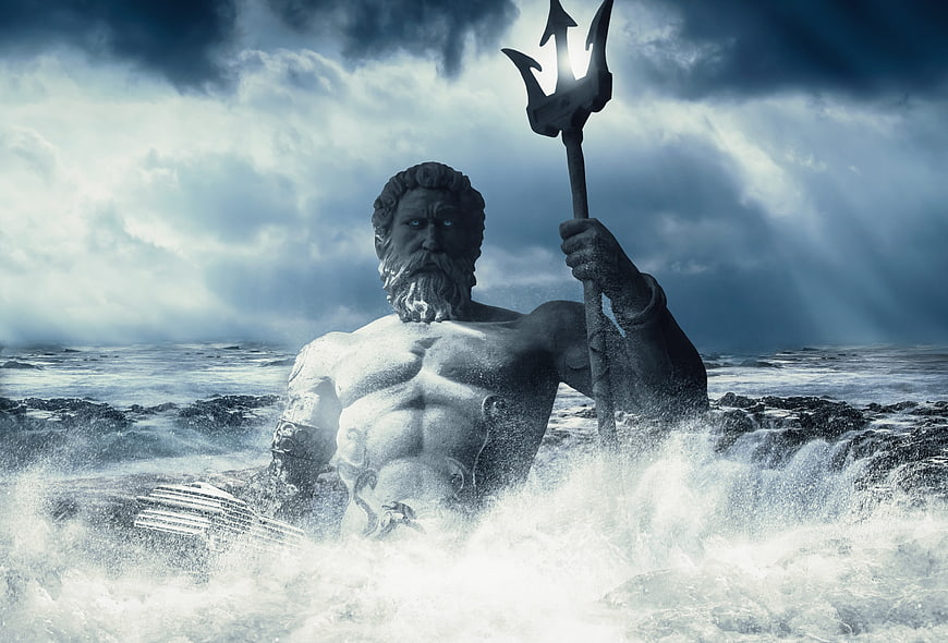 Dramatic Poseidon Statue Emerging From Stormy Ocean Waves