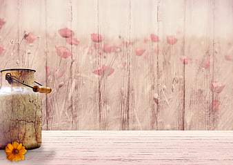 Vintage Milk Can and Flower on Rustic Wooden Background