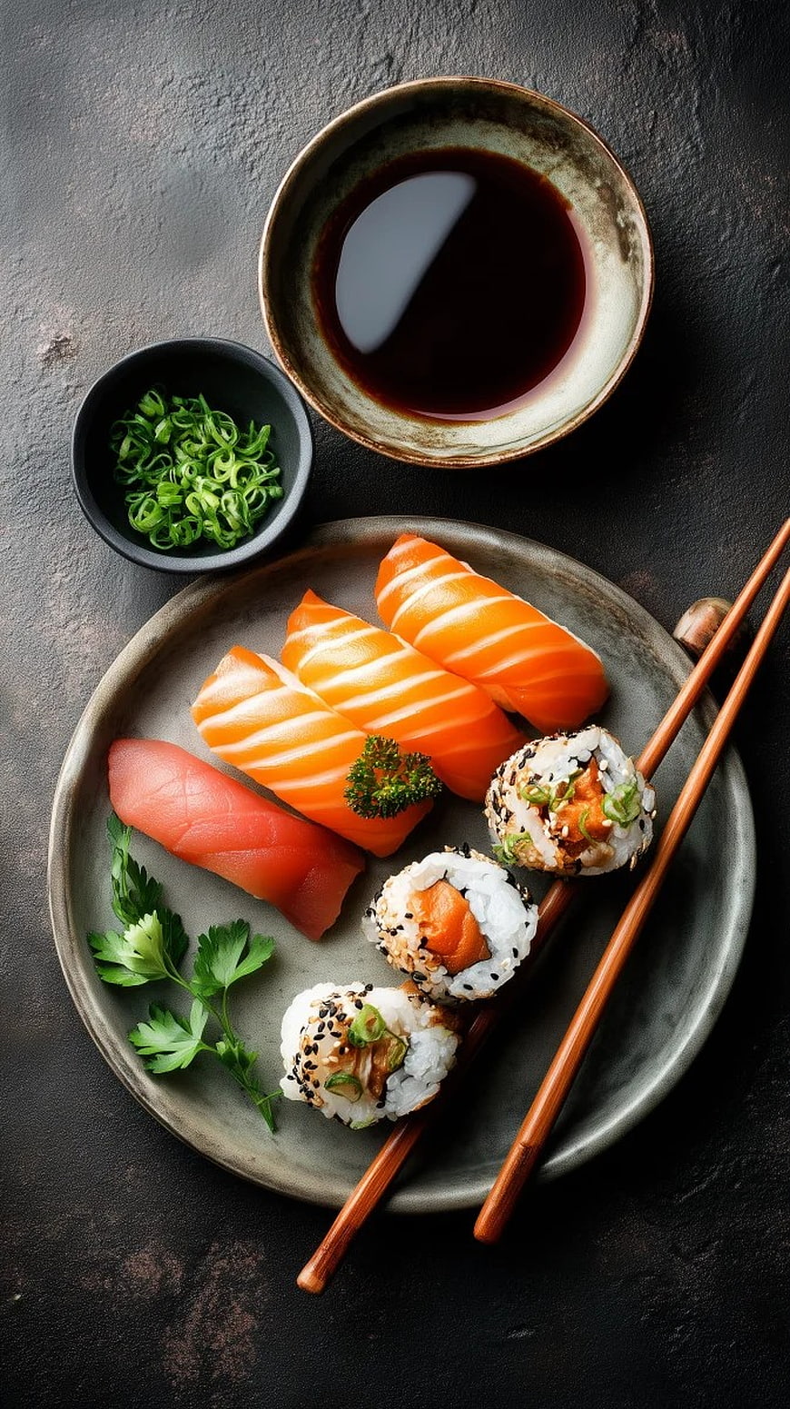 Overhead View of Gourmet Salmon Sushi Platter with Soy Sauce