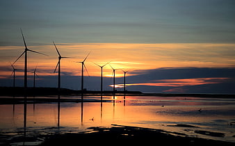 Wind Turbine Silhouettes Reflected in Water at Sunset
