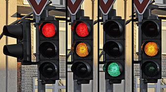 Composite of Traffic Light Signals Showing Red, Yellow, and Green