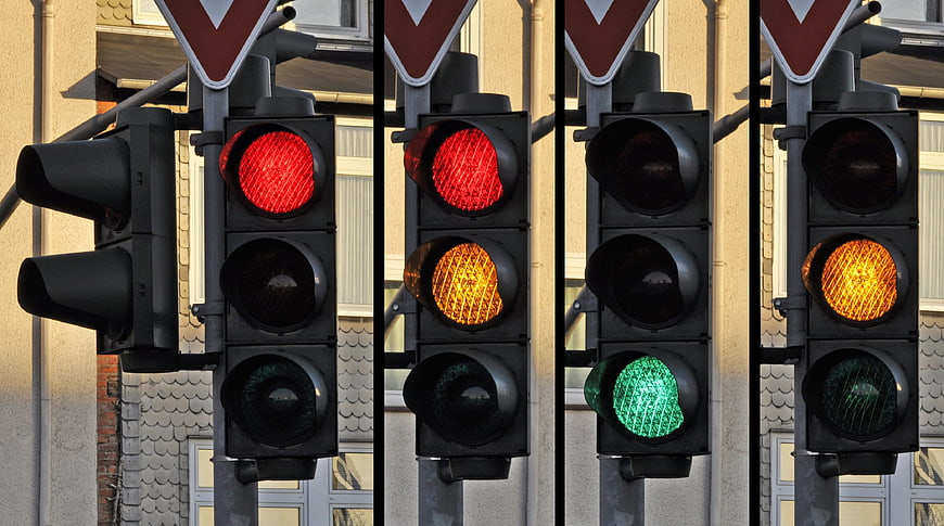 Composite of Traffic Light Signals Showing Red, Yellow, and Green