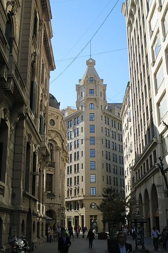 Pedestrian street in downtown Santiago, Chile with historic architecture
