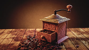 Vintage Wooden Coffee Grinder with Spilled Beans on Table