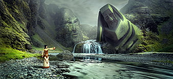 Surreal Fantasy Landscape With Giant Stone Faces And Waterfall