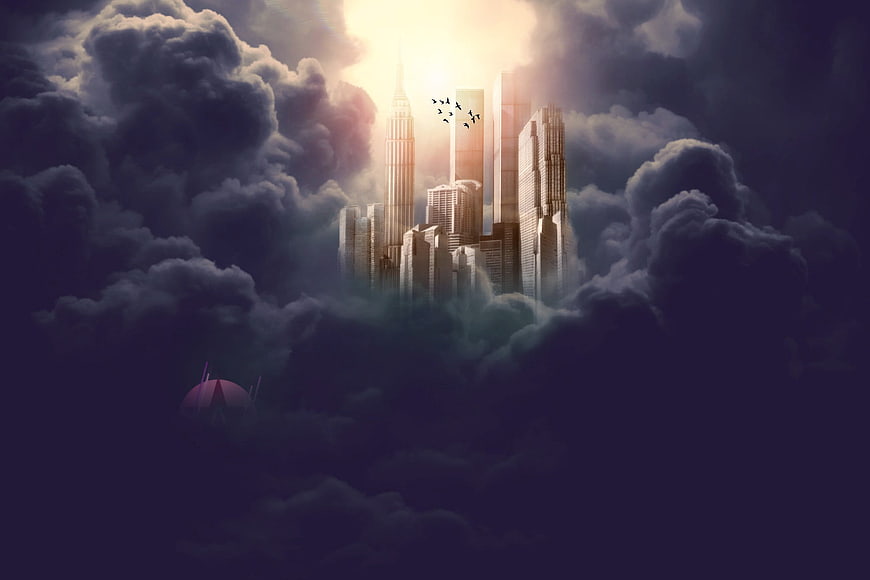 Futuristic city skyline emerging from dark clouds with golden light