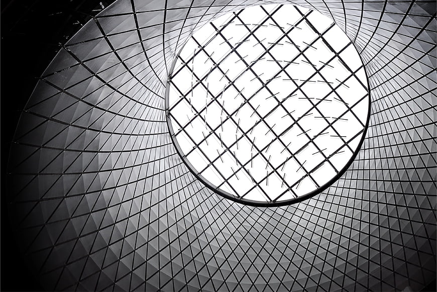 Abstract black and white geometric architectural ceiling pattern