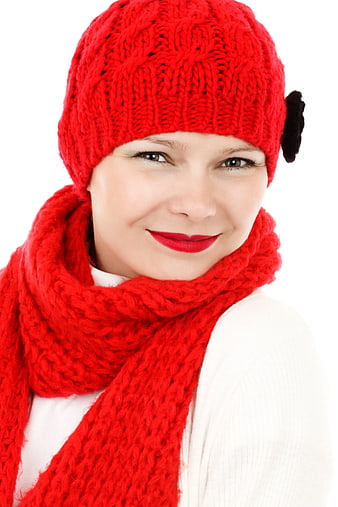 Woman in Red Knit Hat and Scarf Portrait