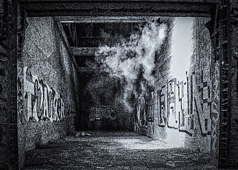 Atmospheric Black and White Abandoned Tunnel with Graffiti