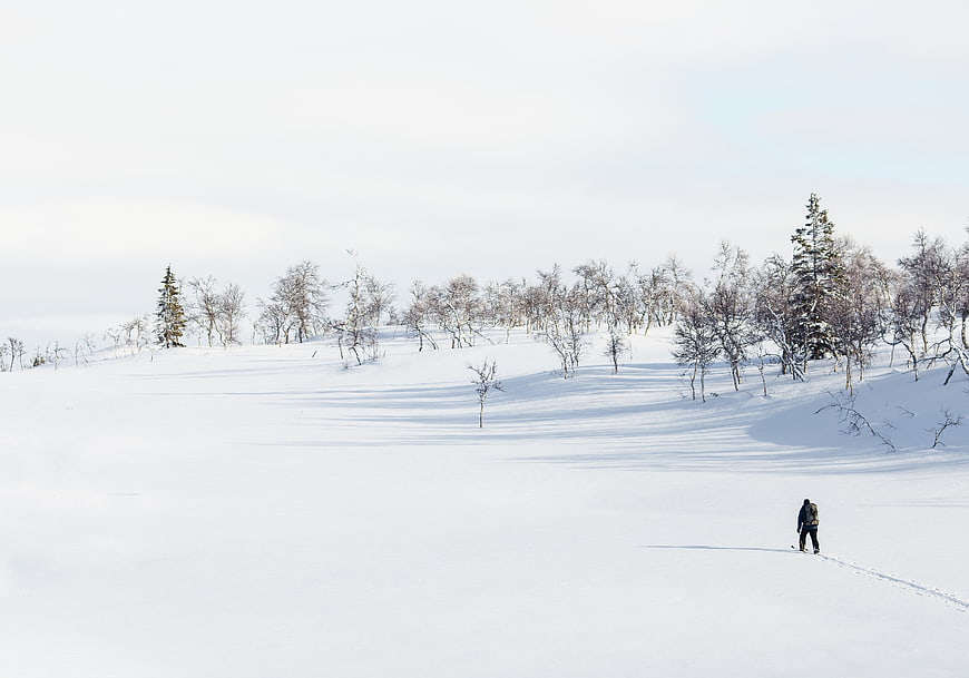 Lone Hiker Walking Through Snowy Winter Landscape