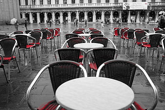 Empty Cafe Chairs in Rainy Venice Piazza San Marco