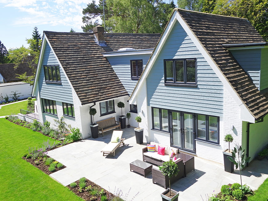 Modern Blue House with Patio and Garden