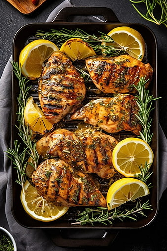 Grilled Lemon Herb Chicken with Rosemary on Dark Tray