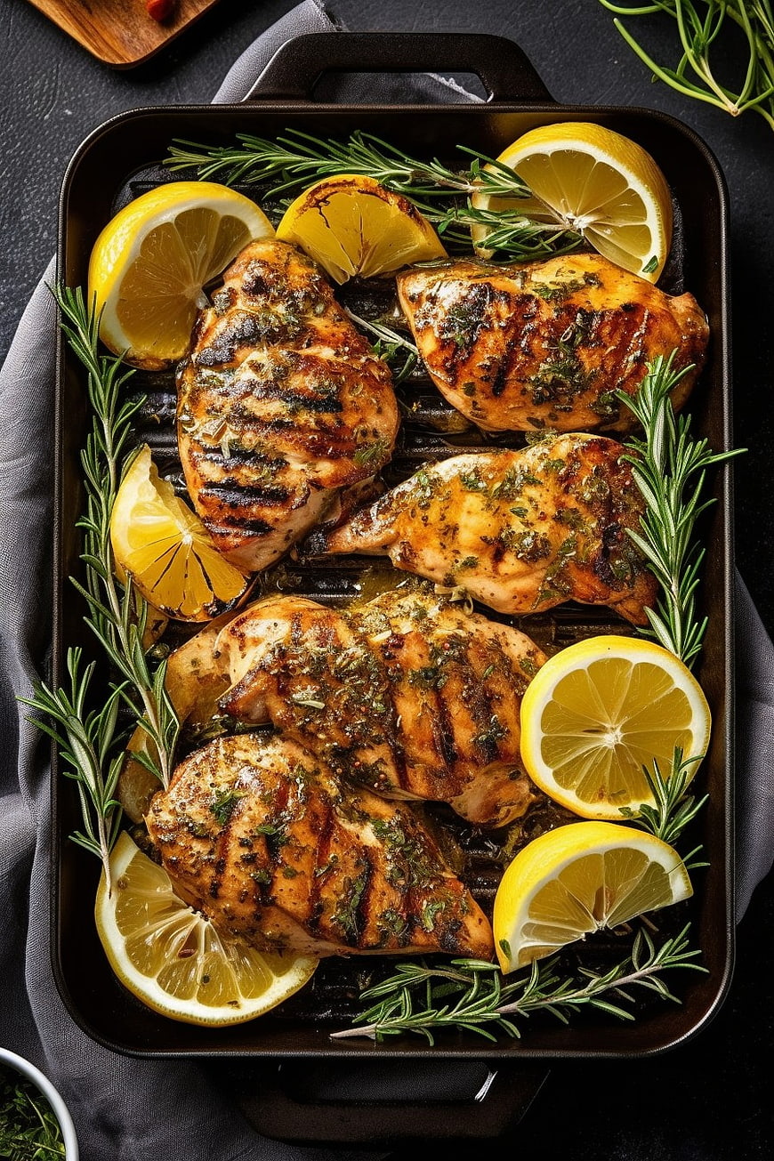 Grilled Lemon Herb Chicken with Rosemary on Dark Tray