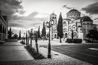 Black and white view of Ayios Dimitrios church in Paralimni, Cyprus