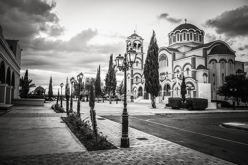 Black and white view of Ayios Dimitrios church in Paralimni, Cyprus