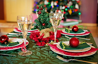 Festive Christmas Table Setting with Champagne and Decorations