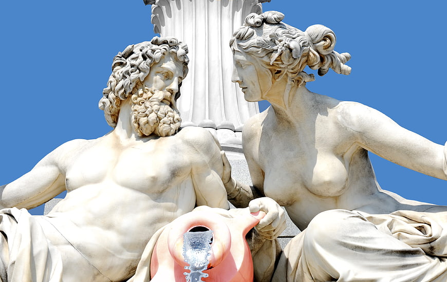 Classical Marble Sculpture of Mythological Couple with Water Jug