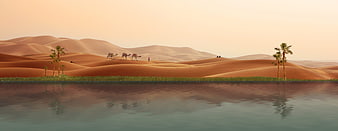 Desert Oasis With Camel Caravan And Palm Trees
