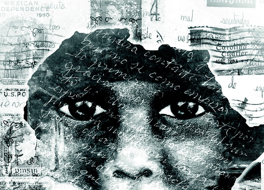 Black and white collage of a child's face with handwritten text