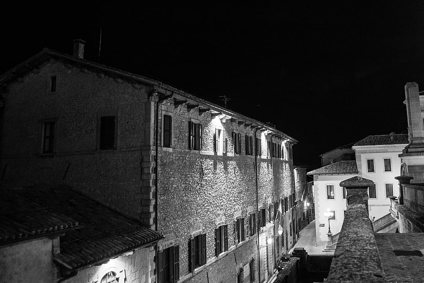 Black and White Night View of Old Stone Buildings