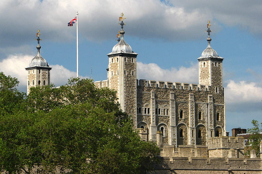 Tower of London Architecture with Union Jack Flag